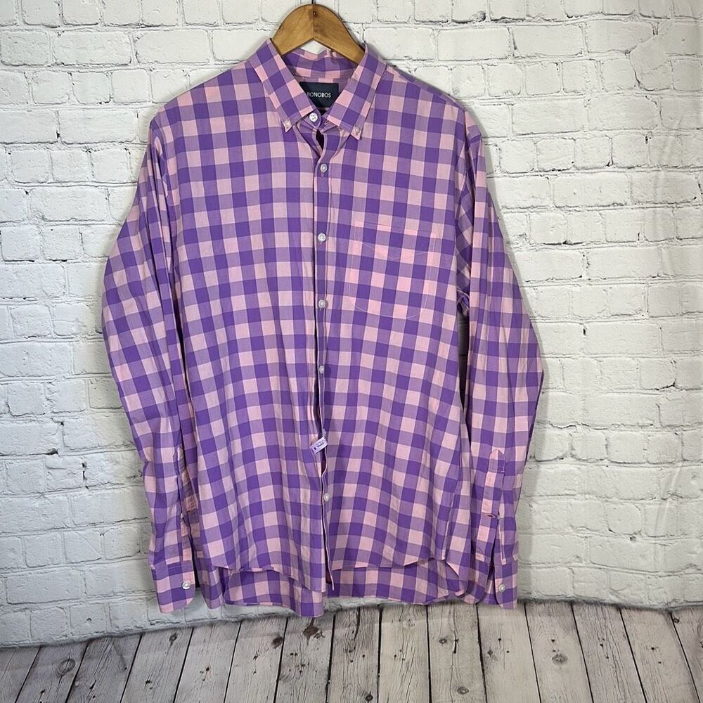 Bonobos Mens Slim Fit Gingham Pink Purple‎ Button Down Long Sleeve Shirt size XL